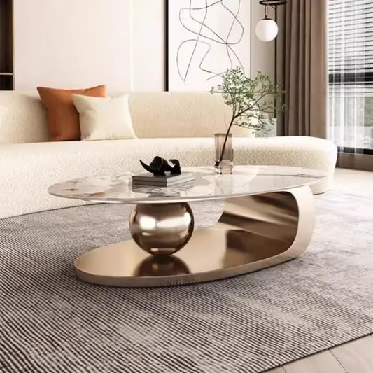 Minimalist Marble-Effect Coffee Table – Round 80 cm Top with Gold Metal Base