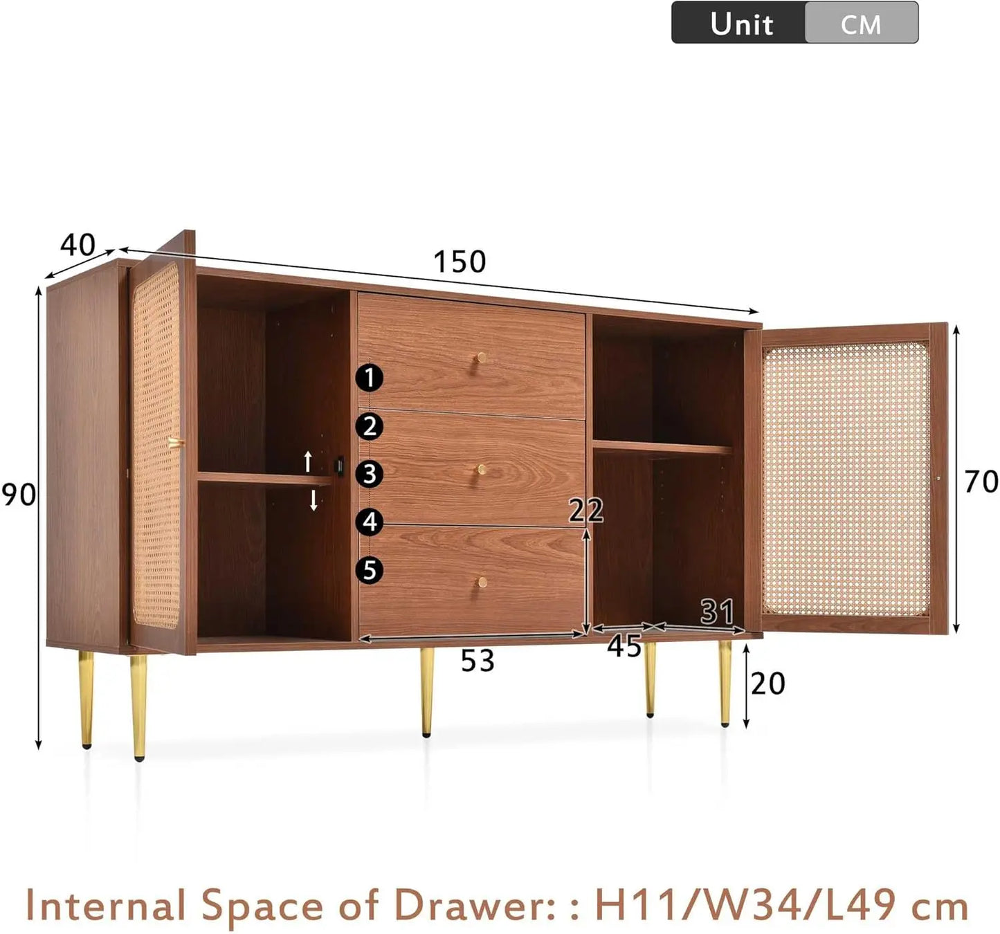 Rattan Sideboard Cabinet – Solid Wood Storage Console with Woven Doors